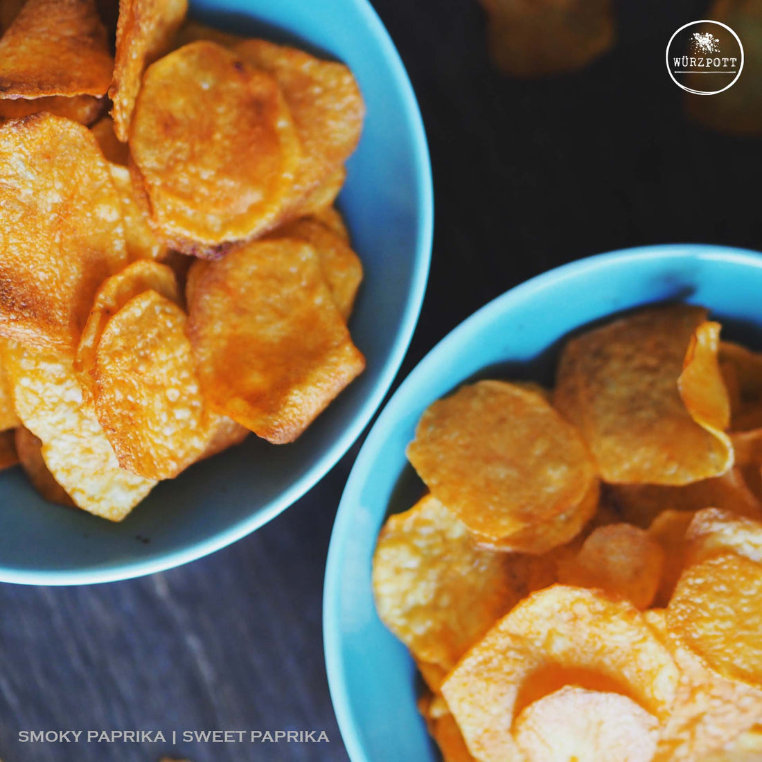 Air Fryer Potato Chips in a bowl seasoned with Salt, Wurzpott Smoky Paprika and Wurzpott Sweet Paprika