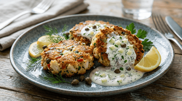 Coastal Breeze Crab Cakes | Easy Seafood Crab Cake Recipe with Lemon Dill Sauce